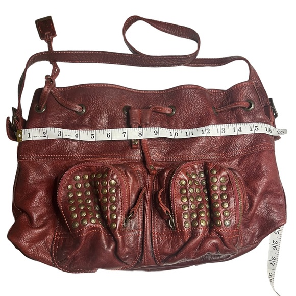Frye Brooke Leather Studded Bucket Bag with Drawstring Red/ Burgundy - Picture 2 of 10
